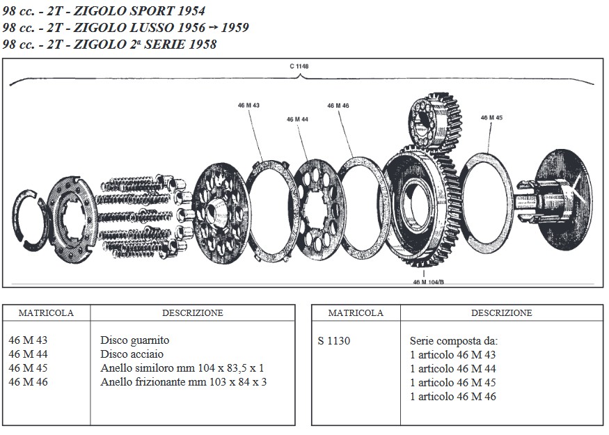Dischi frizione completa Moto Guzzi Zigolo Sport 98 cc 2T 1954
